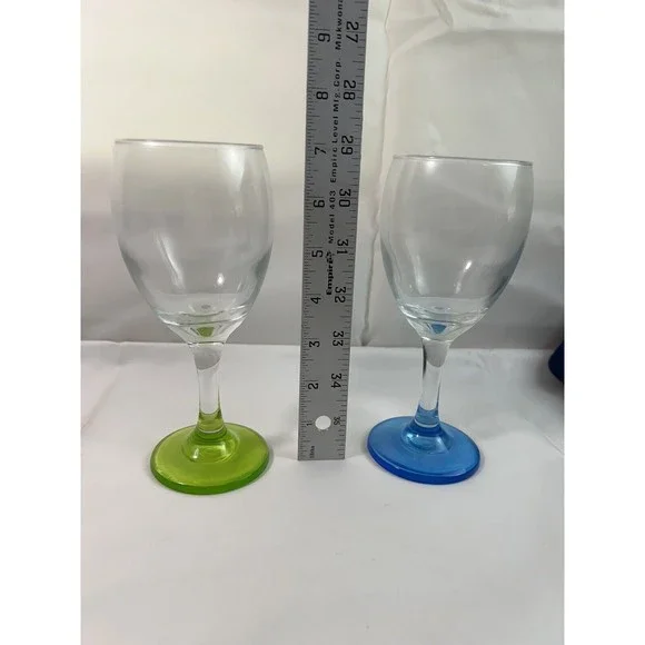 2 Wine Goblets w/Lime Green & Blue Stems&Bases 8oz, 7” Tall Clear Bowls - Picture 3 of 3